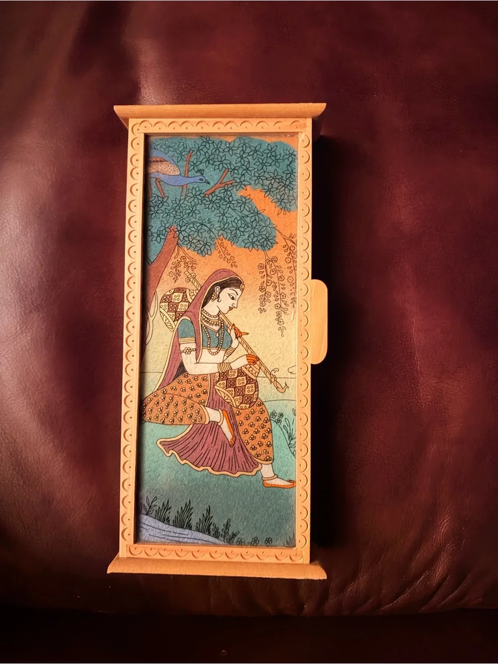 Wall Mounted Wood Key Cabinet Box w/ Hinged Door, 6 Hooks, Indian Art